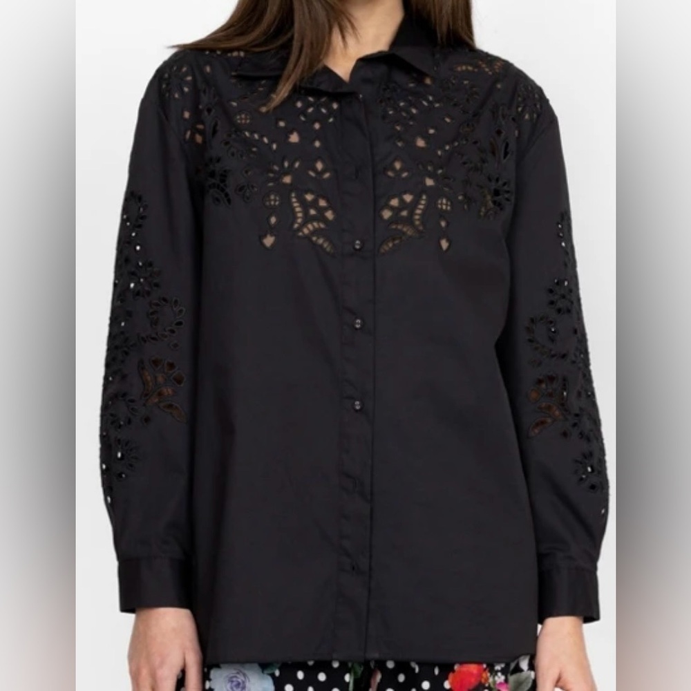 Johnny Was Jade Maricruz Button Down Shirt Black Eyelet Size Medium